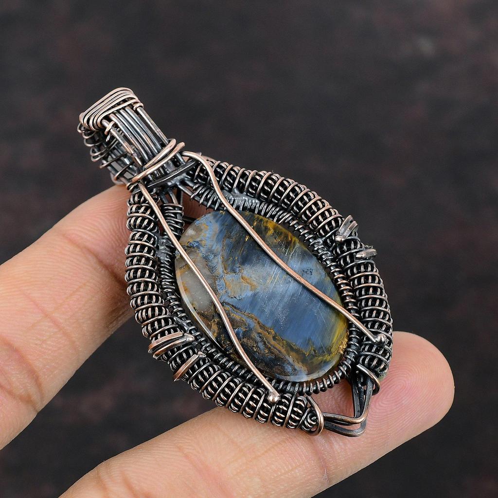 Подвеска из питерсита, обернутая медной проволокой, подвеска из радужного лунного камня, драгоценный камень, подвеска ручной работы, медные украшения, подарок для мамы, украшения из питерсита