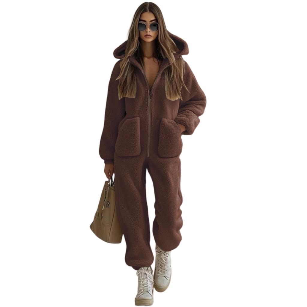 Женский плюшевый комбинезон с капюшоном, карманом, свободного кроя, с прямыми штанинами
