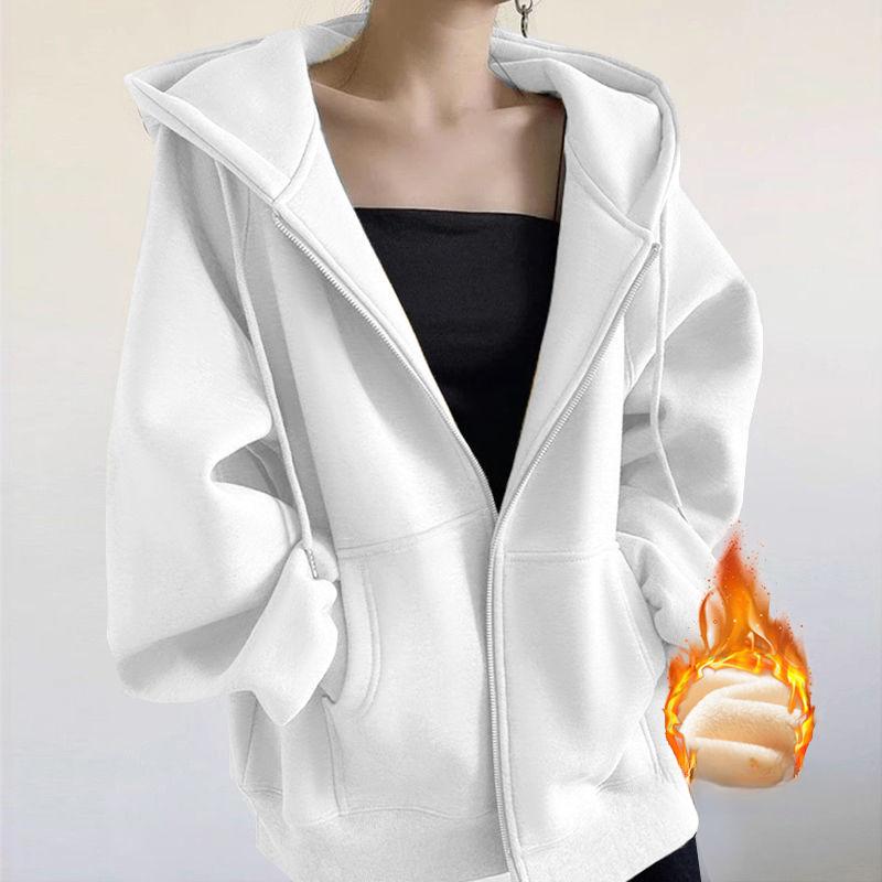 Осень-зима женская толстовка с капюшоном однотонная свободная толстовка с капюшоном женская корейская повседневная куртка на молнии