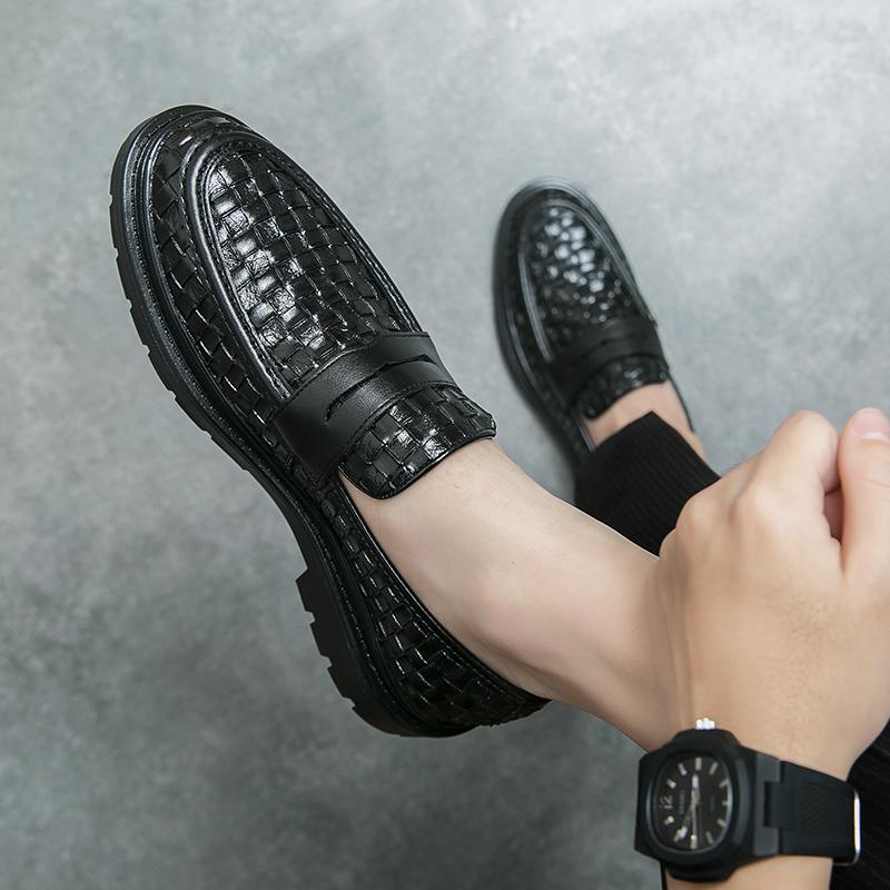 Spring Woven Leather Shoes Black Loafers Men's Luxury Brand Shoes High Quality Moccasin Leather Soft-soled Shoes Casual Shoes