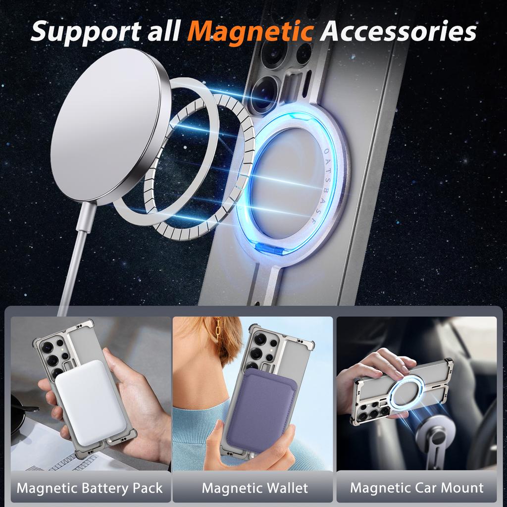 Oatsbasf Frameless Phone Case for Samsung Galaxy S25 Ultra with Ring Stand 360° Rotatable Magnetic Phone Cover Shockproof Bumper