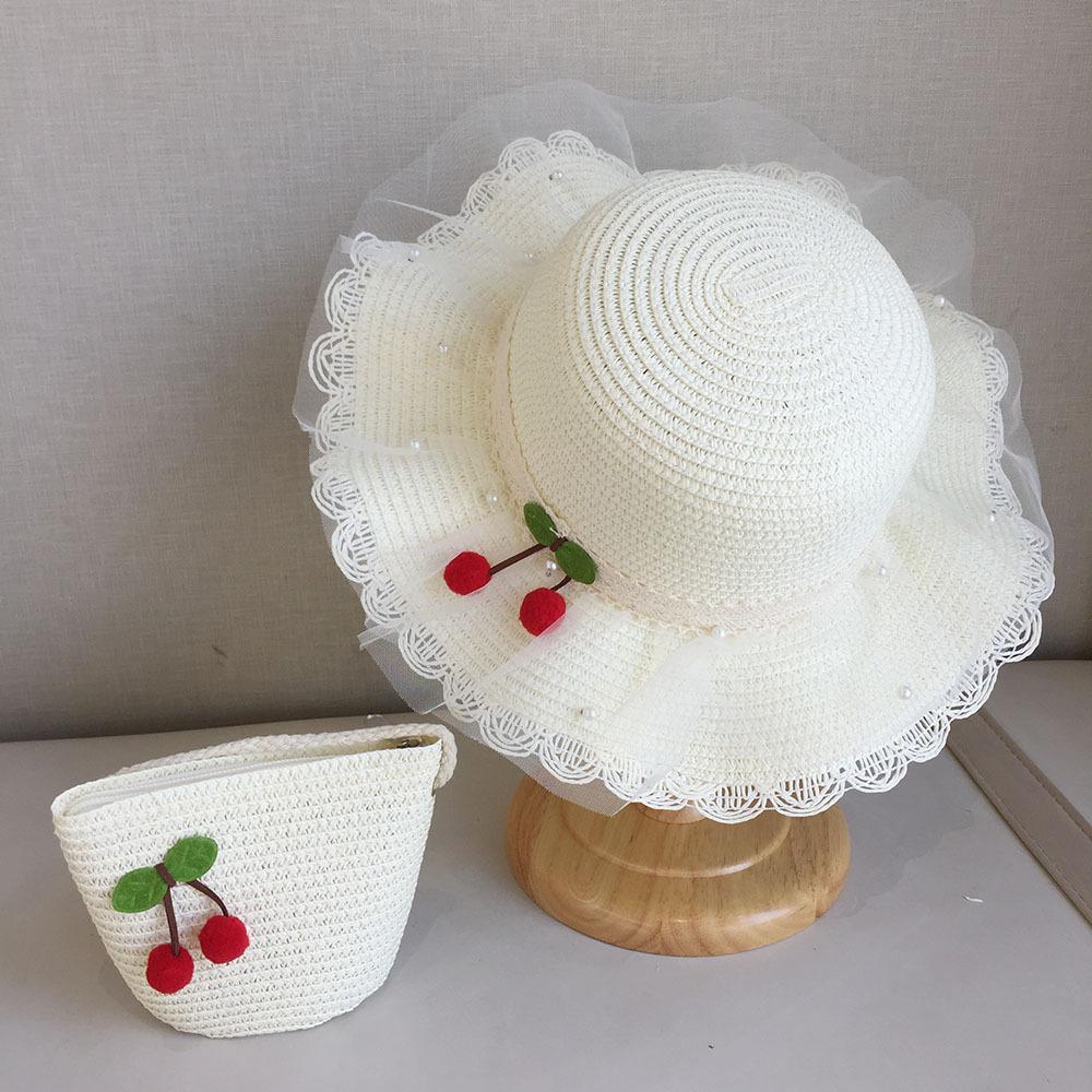 Kids Summer Beach Straw Hat Wide Brim Sun Protection Cap with Simple Lace and Cherry Decoration for Girls Outdoor Travel