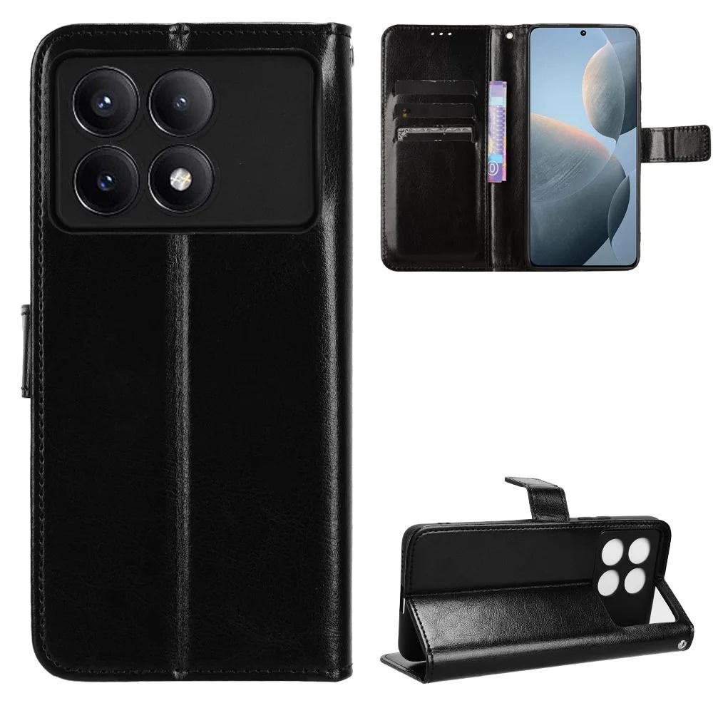 Flip Case for Xiaomi Poco F6 Pro, Crazy Horse Wallet, Black