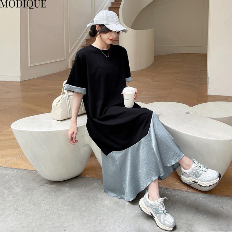 MODIQUE Summer Plus Size New Women Basic Loose Color Matching Patchwork Pleated Long Dresses Female Casual Short Roll-up Sleeve O-Neck Dresses