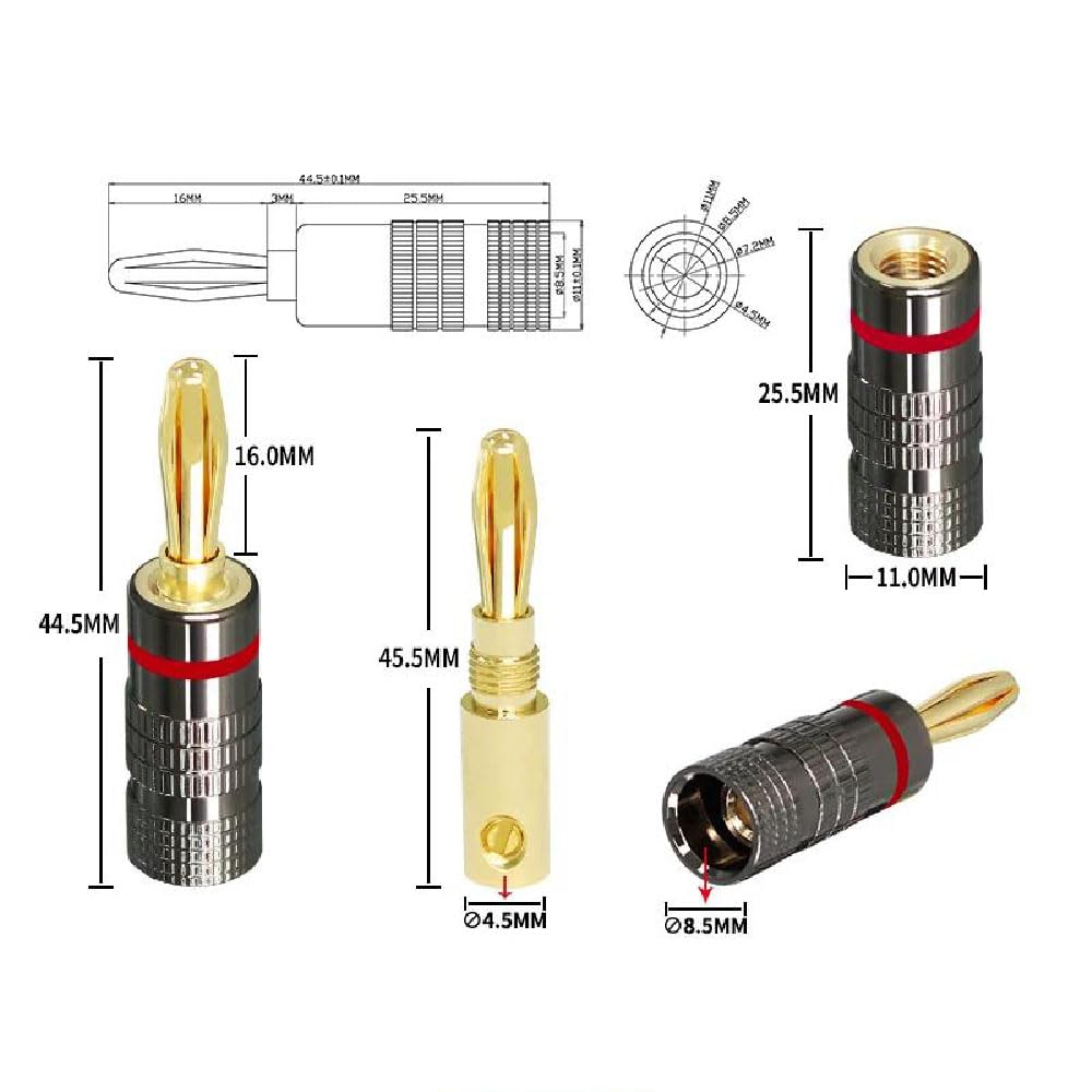 SensaBliss Banana Set of Gold Double Screw Compatible with Plugs, 4, Copper, Plated, Fixing, 12-18AWG Wiring.