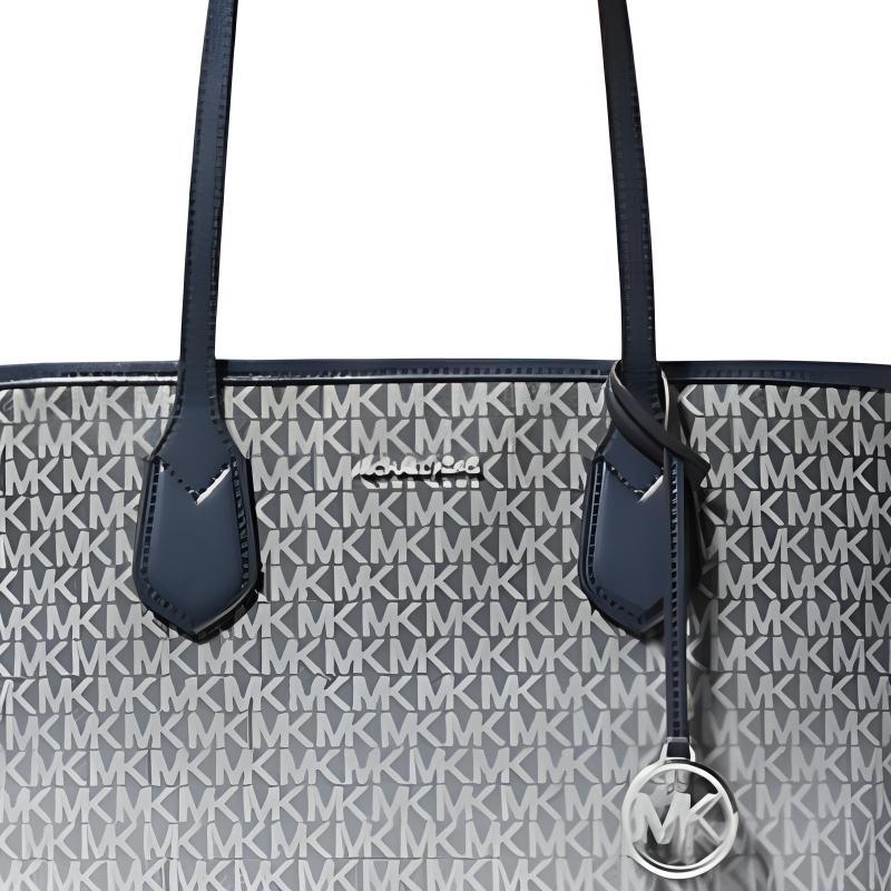 MICHAEL KORS Eva Classic Brand Printed Tote Bag Tote Bag Shopping Bag Coated Canvas Shoulder Bag Large Women's Navy Blue