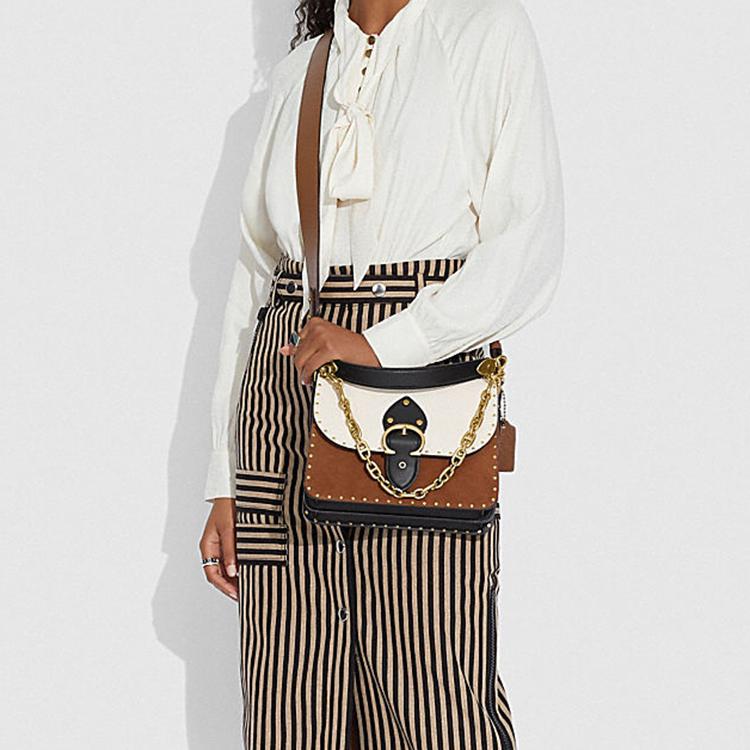 Coach Beat 24 Studded Color Block Chain Handle Leather Square Bag Women Handbags White Brown 4595-B4RGI