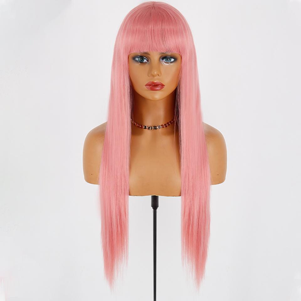 MISS WIG Women Fashion Long Straight Light Blonde Color Wig with Blunt Bangs Synthetic Fiber Daily Wear Long Straight Wig