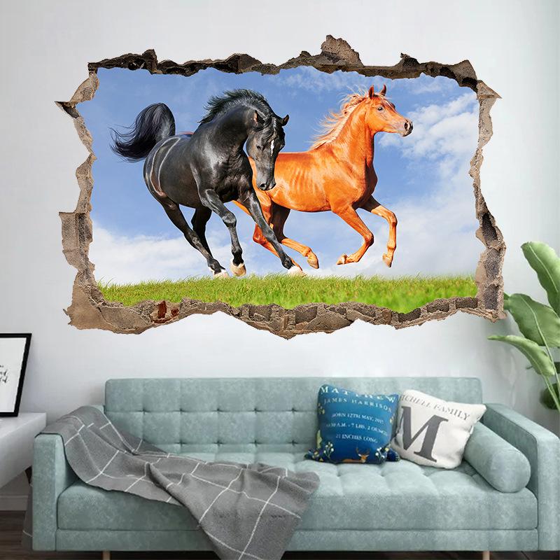 Плакат с животным Искусство дыры в сломанной стене Бегущая прекрасная лошадь Виниловые наклейки-муралы Для гостиной