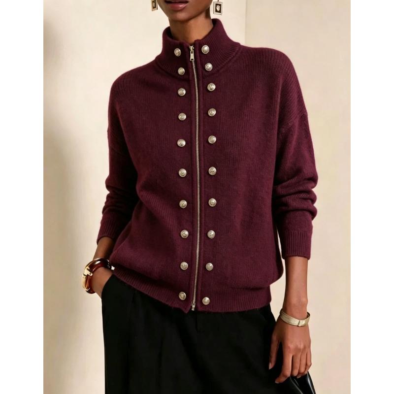 Women S Loose Short Double Breasted Stand Collar Zip Knit Cardigan Autumn Winter