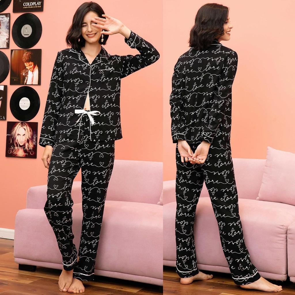 Женские пижамы BRIGHT DEER из искусственного шелка с принтом в виде букв и брюки розового и черного цвета для сна, домашняя одежда для осени