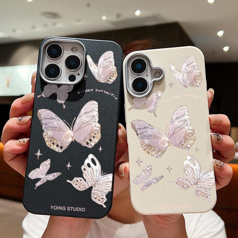 Тонкий мягкий чехол с рисунком бабочки и текстурой кожи для iPhone 16 Pro Max 15 14 Pro 13 12 11, матовая защита линз, противоударный чехол для телефона из ТПУ