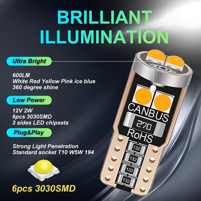T10 Led W5W Led Canbus Автомобильный салонный свет 194 501 6 Smd 3030 Светодиодные лампы для приборов Лампочка клиновидная