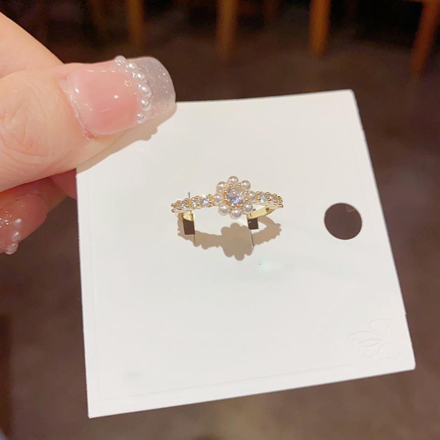 Кольцо с цветком из циркона и жемчуга, женское, легкая роскошь, высокое качество, изысканное, универсальное, на указательный палец, модное, темпераментное, ювелирное изделие для женщин