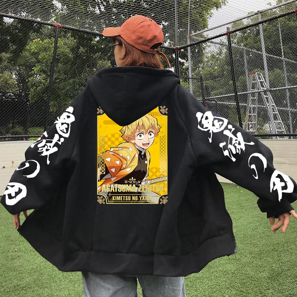 Толстовки с капюшоном Demon Slayer Agatsuma Zenitsu, популярные аниме Harajuku, хип-хоп, винтажные трендовые уличные модные повседневные толстовки на молнии с принтом