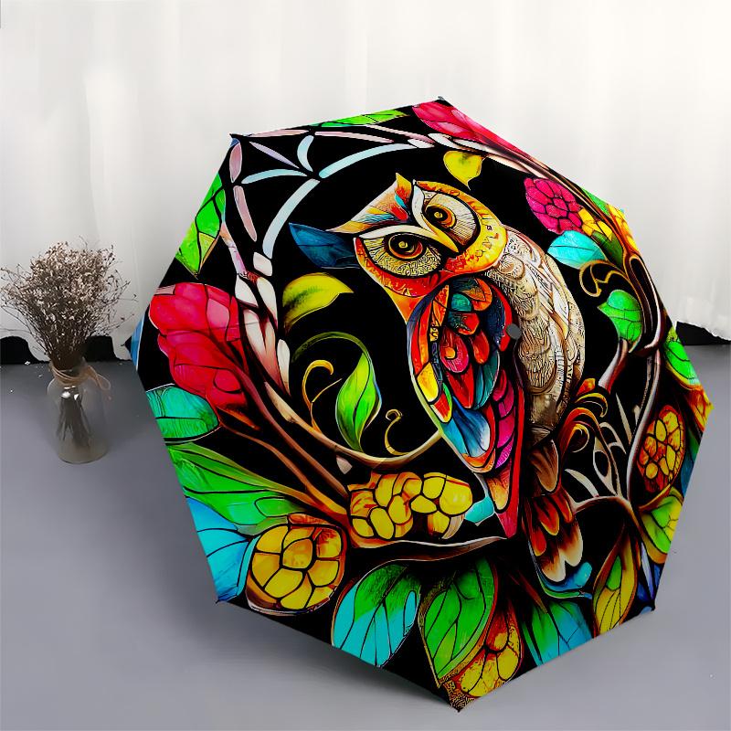 Owl, Stained Glass Automatic folding umbrella  simple eight rib design, bright color pattern, durable iron frame, ideal for travel and outdo