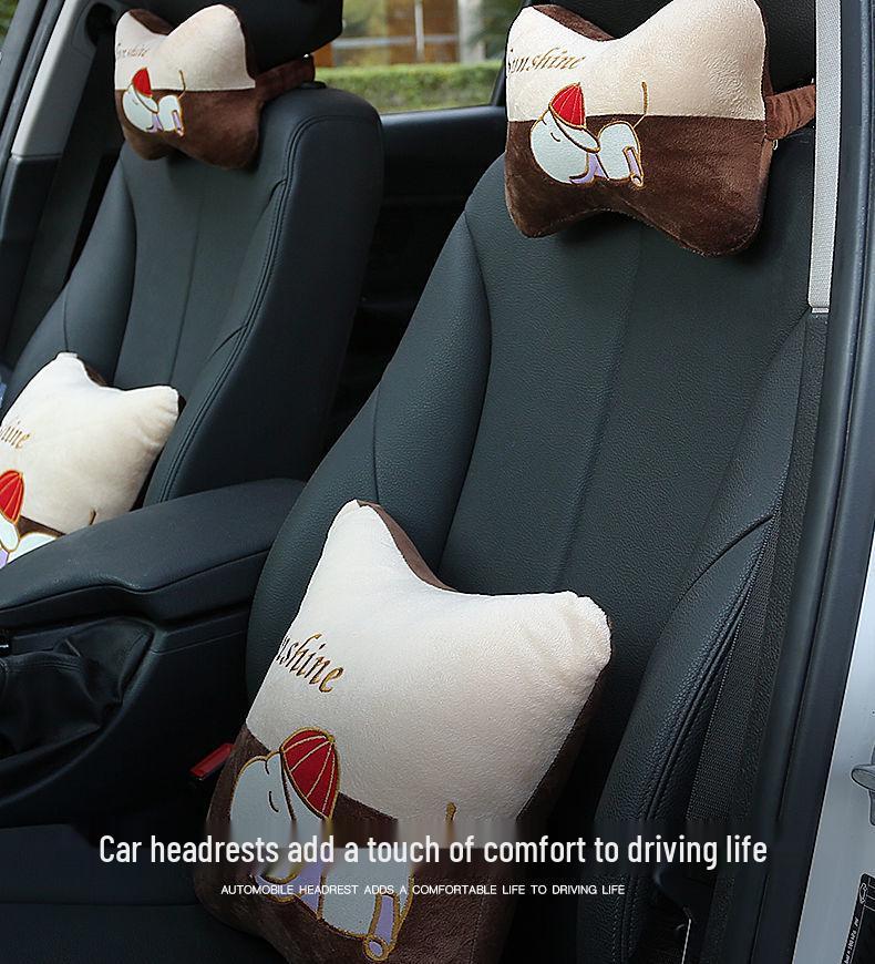 Набор подушек для поддержки шеи и поясницы в автомобиле - милый мультяшный дизайн.