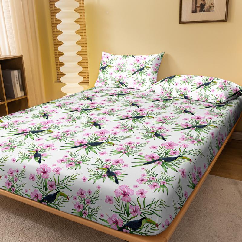 1 Simple Modern Plant Flower Animal Printed Matte Fitted Sheet, Bedroom Printed Bed Cover, Bedding (Excluding Pillowcases)