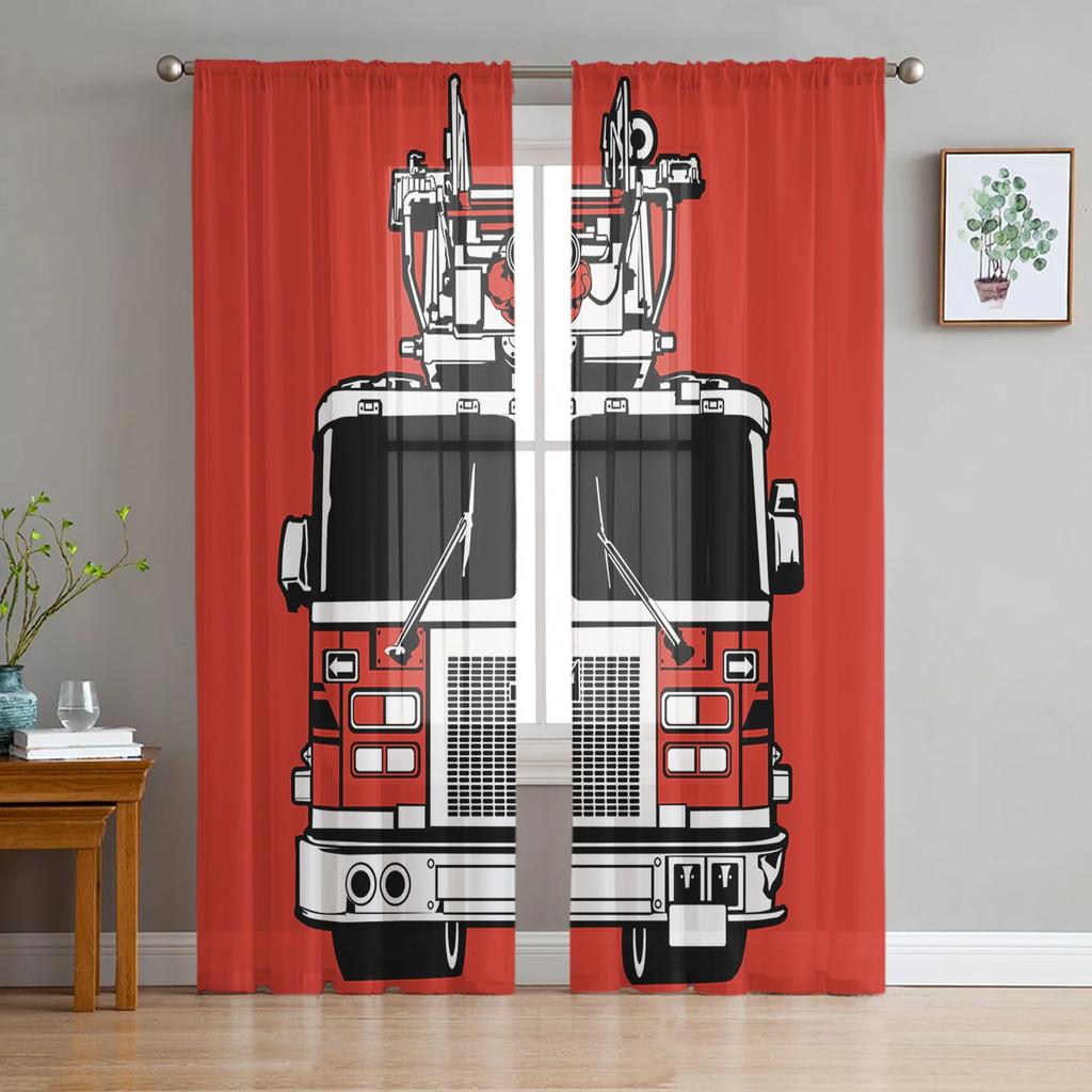 Cartoon Fire Truck Gray Sheer Curtains for Bedroom Living Room Decoration Window Curtain for Kitchen Tulle Voile Organza Drapes