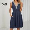 Women's Summer Dress V Neck Sleeveless Midi Dresses with Pockets Casual Boho Beach Vacation Sundresses
