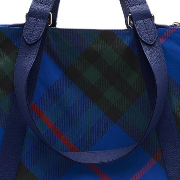 Burberry Large Tote Bag Blue Green Plaid Canvas Leather Top Handle Handbag with Zipper Closure for Women Daily Commute Travel Shopping 80897921
