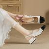Genuine Leather Mary Zhen Stomped Mid-heel Spring and Summer Black and White Spliced Shoes with Skirt for Girls Thick Heels Baotou Sandals