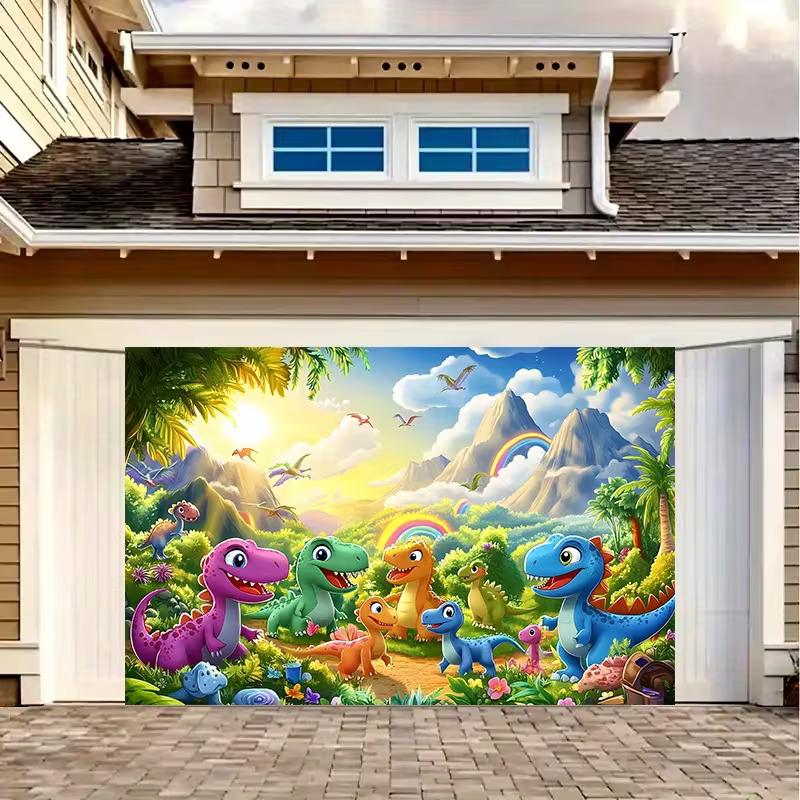 Vibrant Dinosaur World Backdrop Kids Jungle Landscape with Rainbow Photo Booth Background Banner for Party Decoration