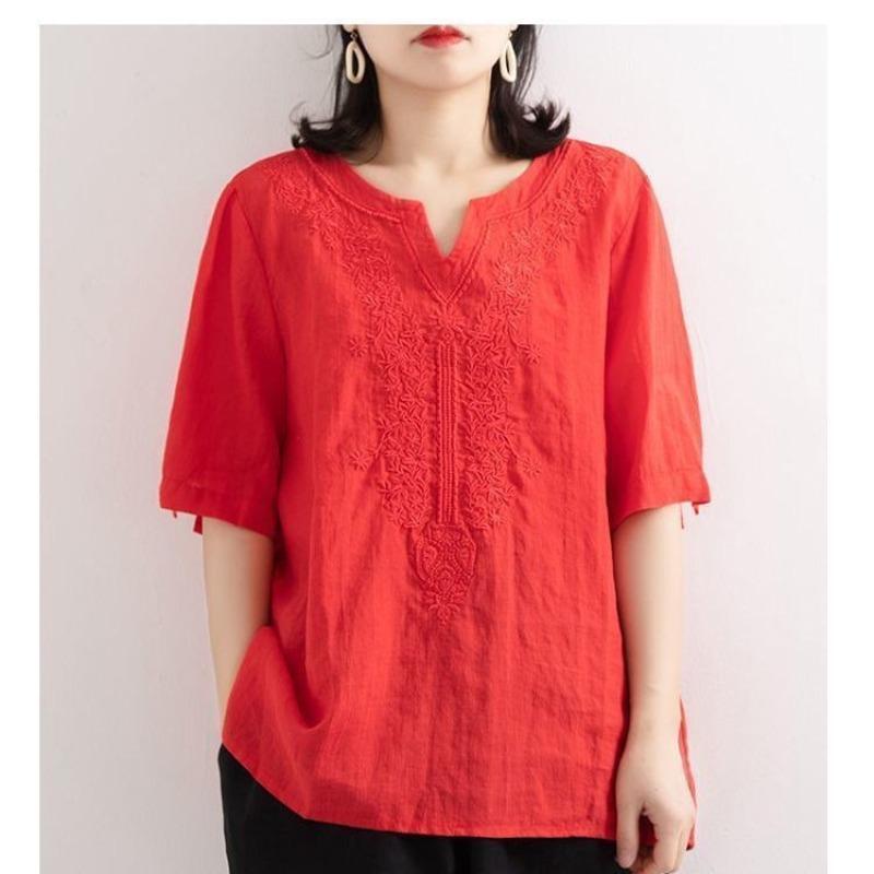 Летняя вышитая хлопковая конопляная футболка в художественном стиле для женщин с V-образным вырезом в стиле ретро, свободная повседневная футболка с коротким рукавом, однотонный топ, женская