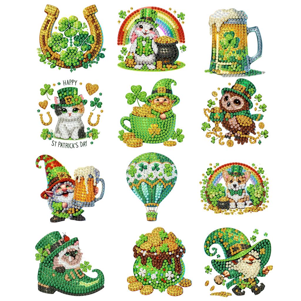 12Pcs St Patricks Day DIY Diamond Painting Magnets Kits Diamond Art Stickers Refrigerator Painting Kits for Beginners Home Decor