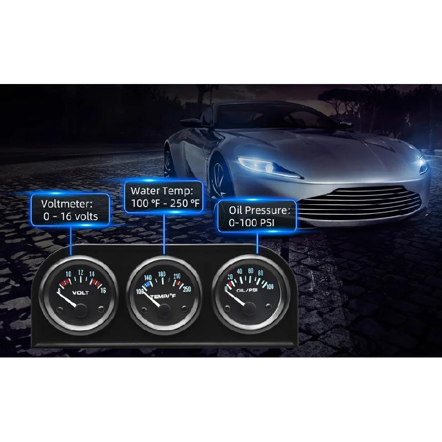 52mm Triple gauge 3 in 1 Volt Meter + 100-250℉ water Temp Gauge+0-100psi Oil Pressure Gauge & Oil Temperature Gauge With Sensor