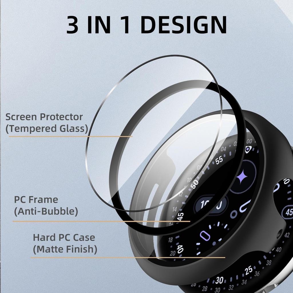 Стекло+Чехол для Google Pixel Watch 4 45мм 41мм PC Чехол Защитный бампер по всему корпусу Закаленное Защита экрана от царапин для Pixel watch4