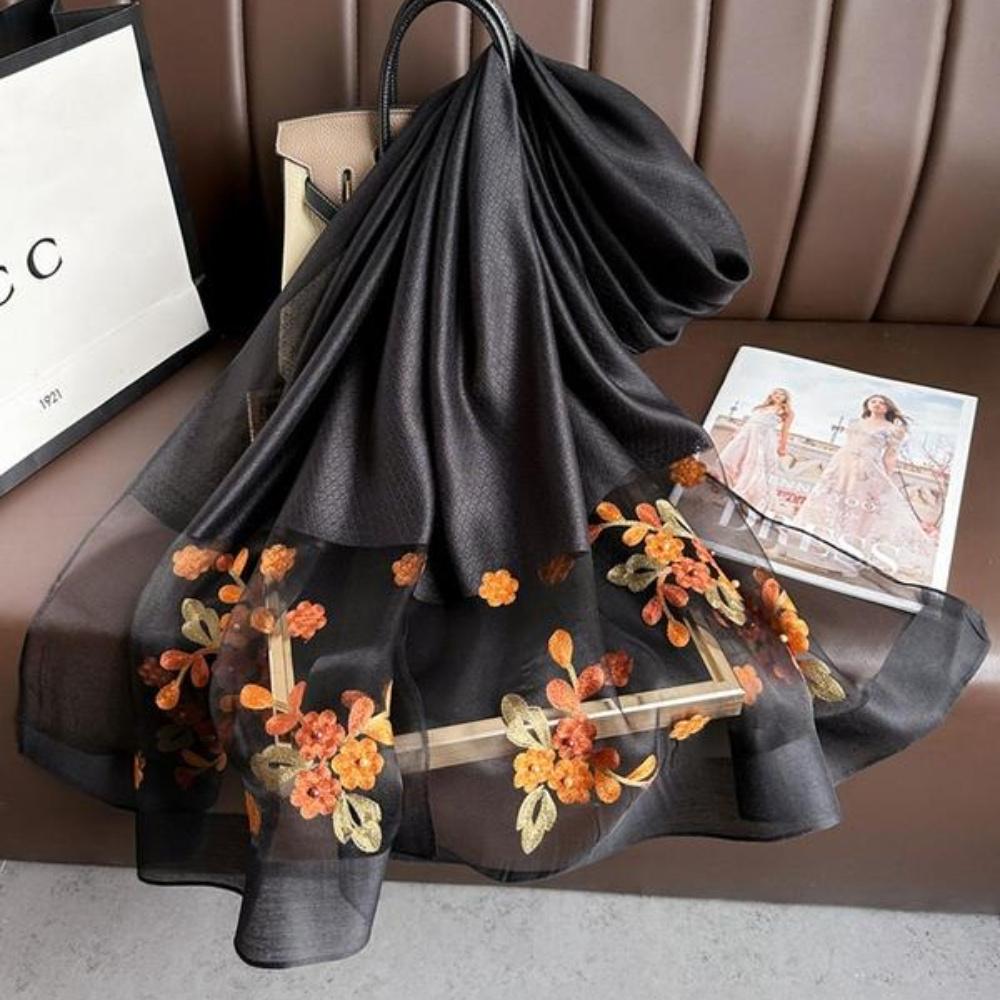 Элегантный шелковый шарф с цветочной вышивкой для женщин, стильная пляжная шаль с бисерной отделкой для защиты от солнца, богемный ветрозащитный маст-хэв