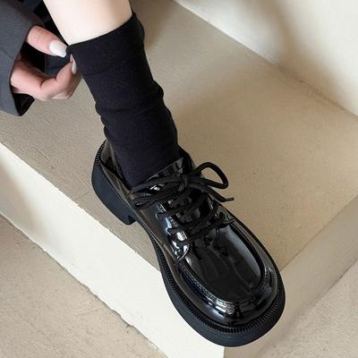 [Дядя Обувь] 2025 лето и осень новая шнуровка британский стиль маленькие кожаные туфли женские в стиле колледжа лоферы одинарные туфли плоские черные