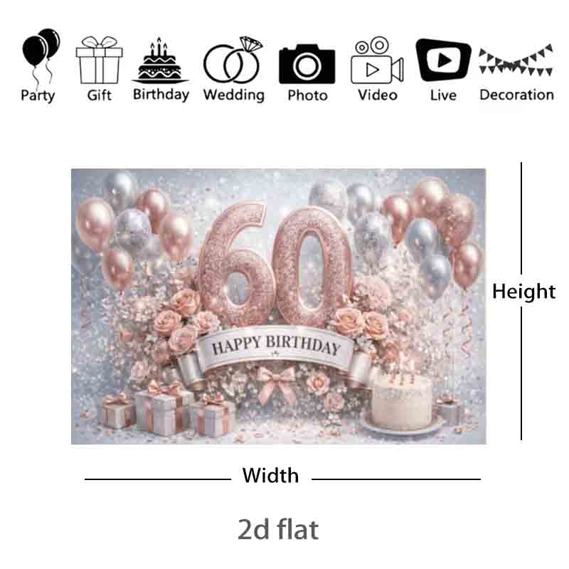 Rose Gold Glitter 60th Happy Birthday Photography Backdrop Rose Balloon Cake Gift Box Women 60 Years Birthday Party Phot