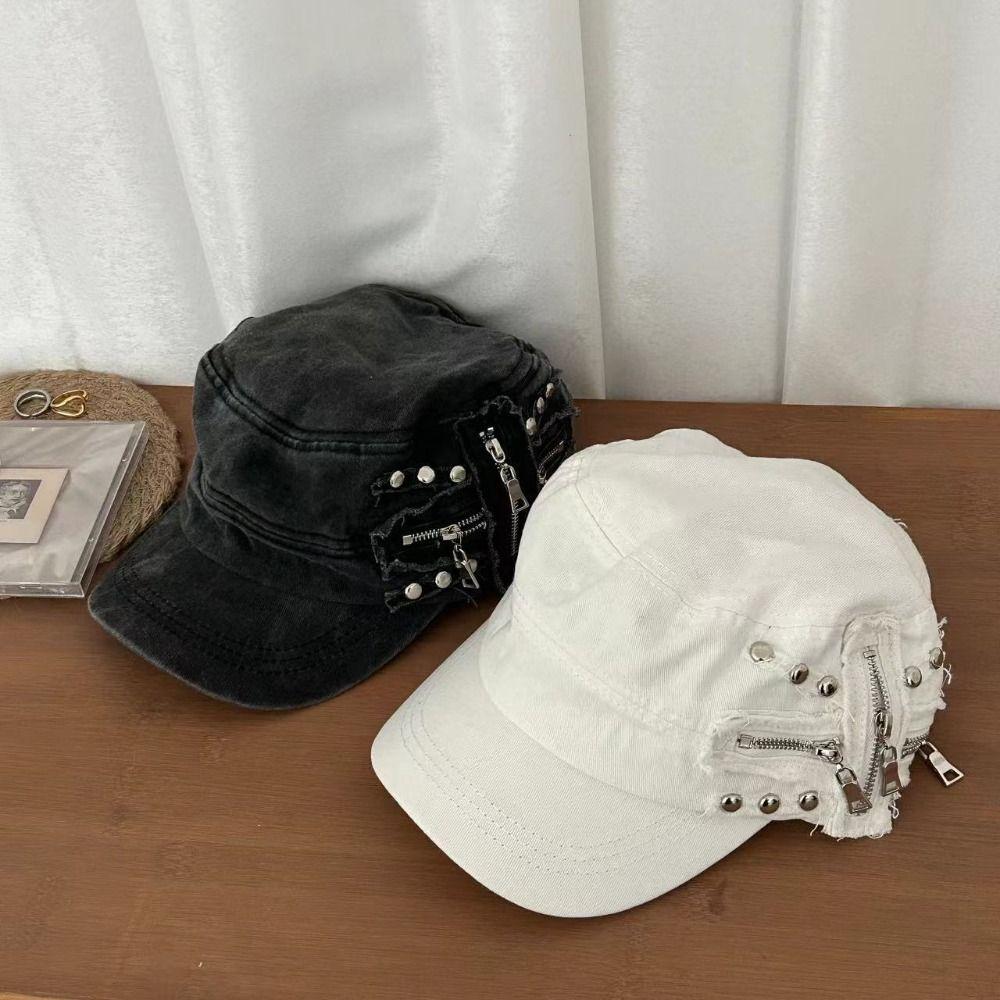 Y2k Metal Rivet Flat Top Hat Cloth Equestrian Hat Personality Retro Baseball Cap  Travel