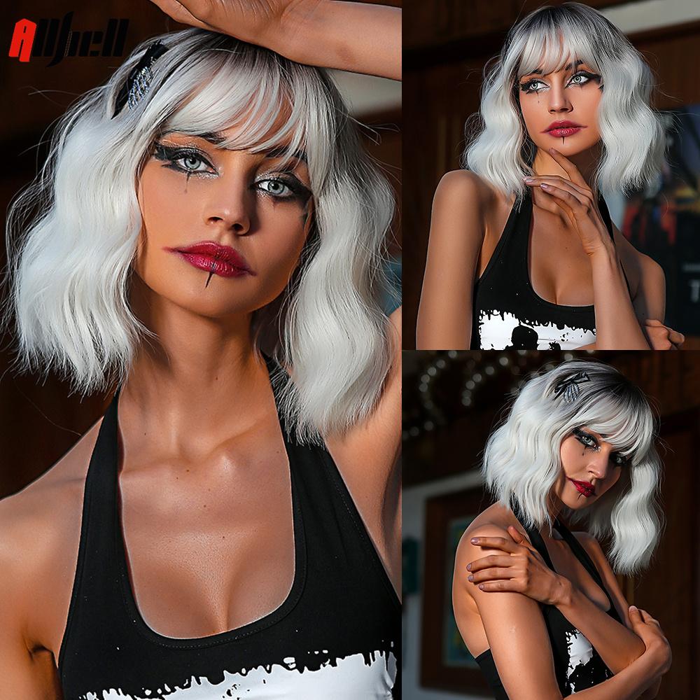 Bob Wavy Synthetic Wigs With Bangs for Women Blonde Ombre Medium Length Water Wave Wig Heat Resistant Fiber Hair Party Cosplay