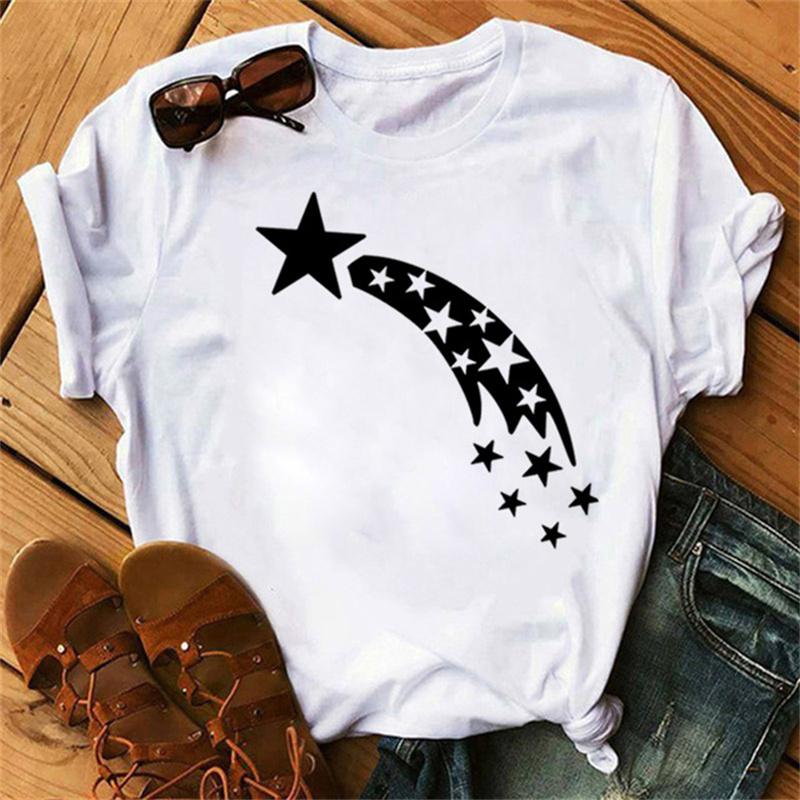 Maycaur Woman Star Moon Print Harajuku Летние футболки Повседневная футболка с круглым вырезом и коротким рукавом Женская черная футболка Прямая поставка
