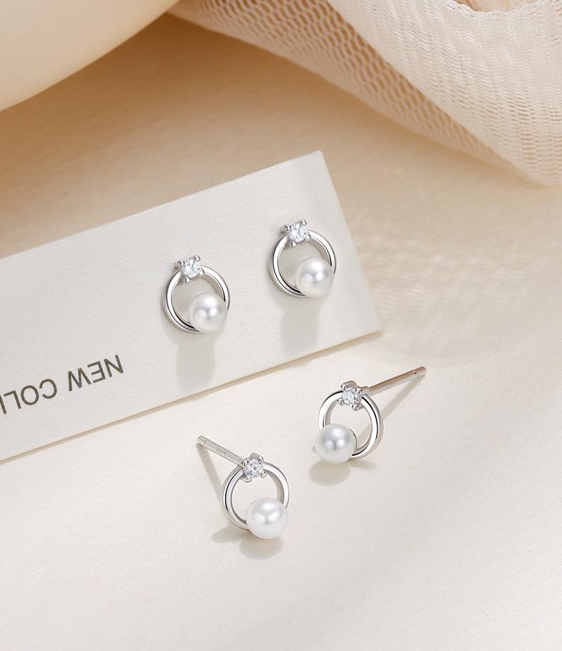 925 Sterling Silver Pearl & CZ Circle Stud Earrings - Minimalist Hypoallergenic Jewelry for Women Daily/Party Accessory