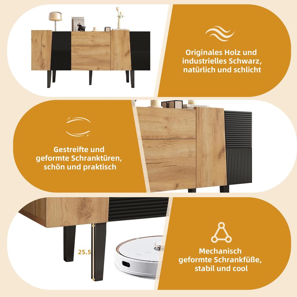 Sideboard 2 Türen, 2 Schubladen, Moderne Kommode TV-Schrank Stauraum, Buffetschrank Anrichte Esszimmer, Wohnzimmer, Schlafzimmer, Eiche & Schwarz