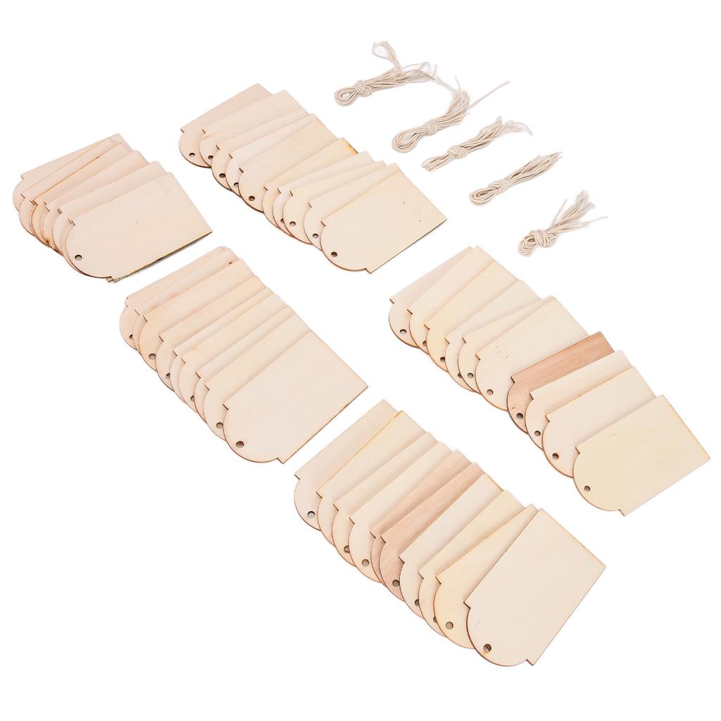 50pcs Wood Pieces DIY Natural Rustic Unfinished Wood with Hemp Rope for Handicraft Bookmarks Gift Labels Decoration