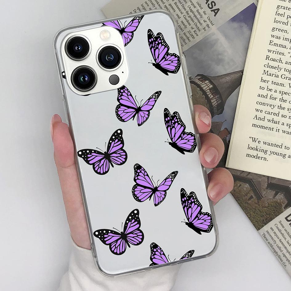 Чехол для Apple iPhone X XS XR SE 15 14 13 12 11 Pro Max с бабочкой и цветком, модный прозрачный матовый противоударный мягкий силикон для iPhone, бампер