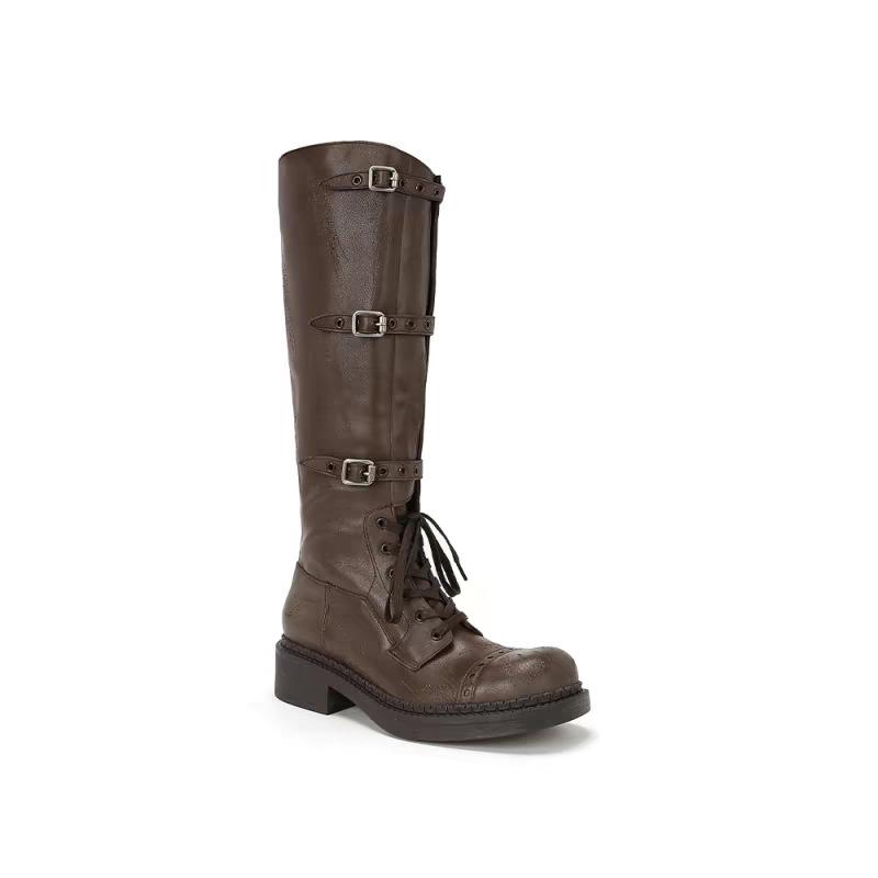 CowhideMaillard strap tall knight boots women's autumn and winter leather retro belt buckle boots