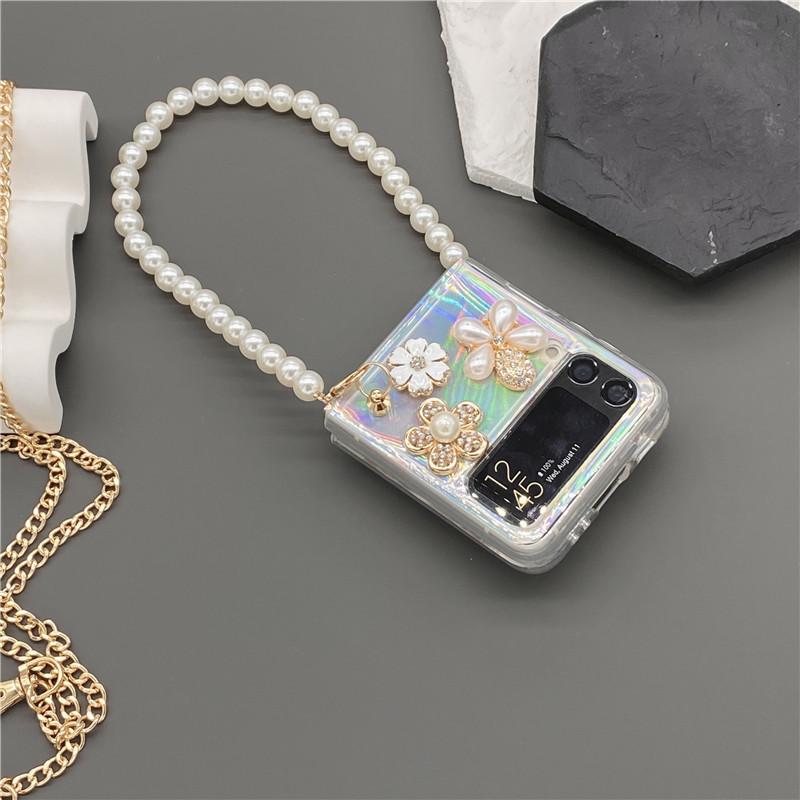 For Samsung Galaxy Zflip 3 5g Zflip 4g 5g Zflip 4 Fashion Diamond Flower Perfume Bottle Pearl Hand Chain Flash Laser Card Case