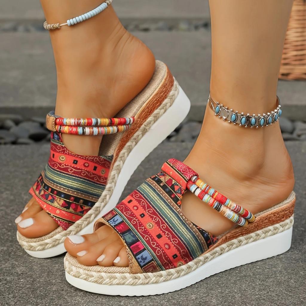 Модные летние новые красочные шлепанцы на танкетке с принтом для женщин, модные пляжные шлепанцы на высоком каблуке с открытым носком в богемном стиле