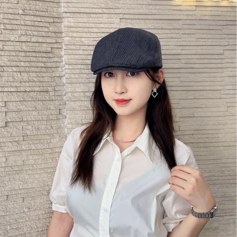 25 Early Autumn New Cotton and Linen Striped Forward Hat Women's Big Head Circumference Shows the Face of the Small Beret Tide
