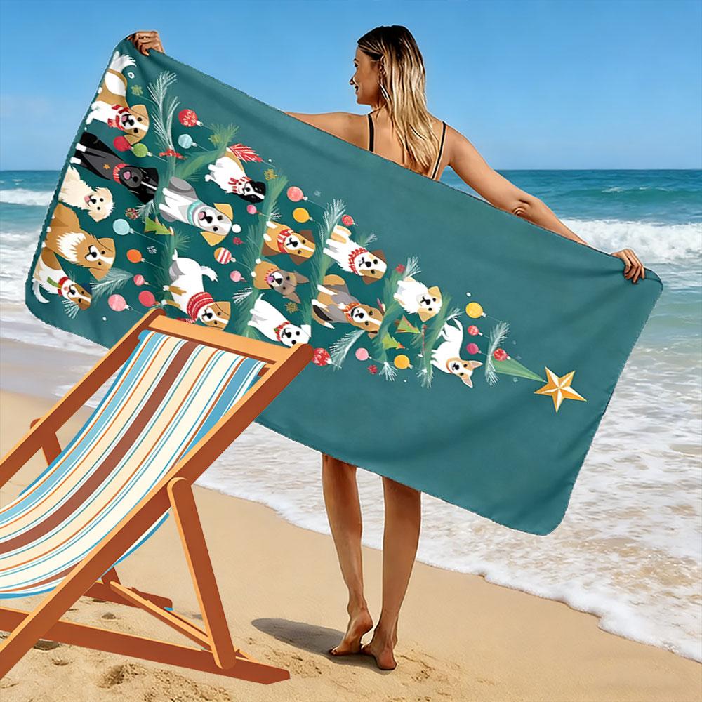 Festive canine tree delight Print beach towel, quick drying, suitable for travel, outdoor sports, jogging, the beach and swimming, gift