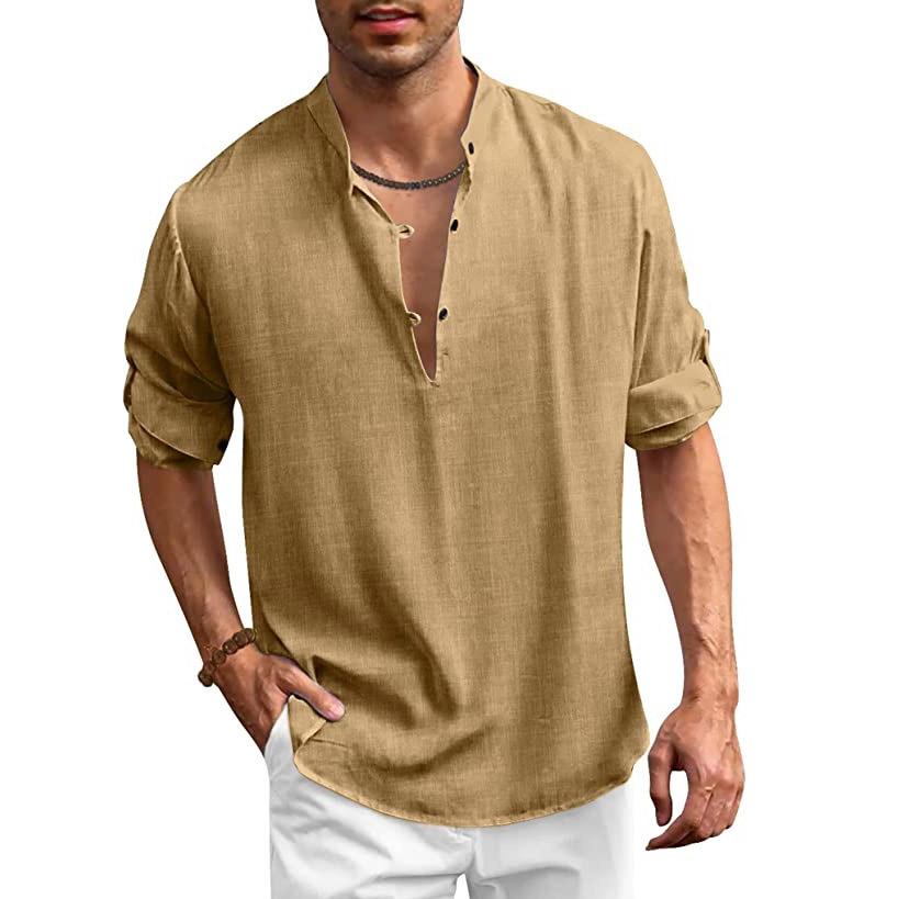 Хлопково-льняная рубашка, мужская осенняя рубашка со стойкой и длинным рукавом, однотонные негабаритные топы, мужские рубашки