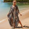 Plus Size Boho Cover Up, Women's Plus Painting Print Bat Sleeve V Neck Split Hem Maxi Cover Up Dress