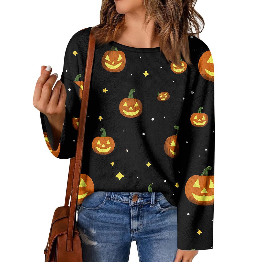 Women's Halloween Sweater, Bohemian Vintage Pattern Print Long Sleeve Knit Pullover