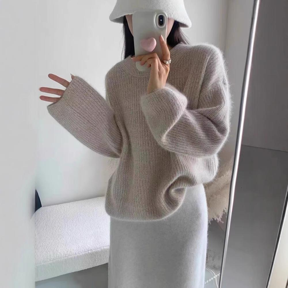 Женский пуловер из красной шерсти в европейском стиле, с круглым вырезом, утолщенный и свободный, универсальная база для осени/зимы '24.